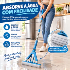 Rodo de Limpeza Mop Limpeza Fácil Com Espuma Enxuga E Varre Vassoura Limpa Seca Centrifuga Espuma Pva Secagem