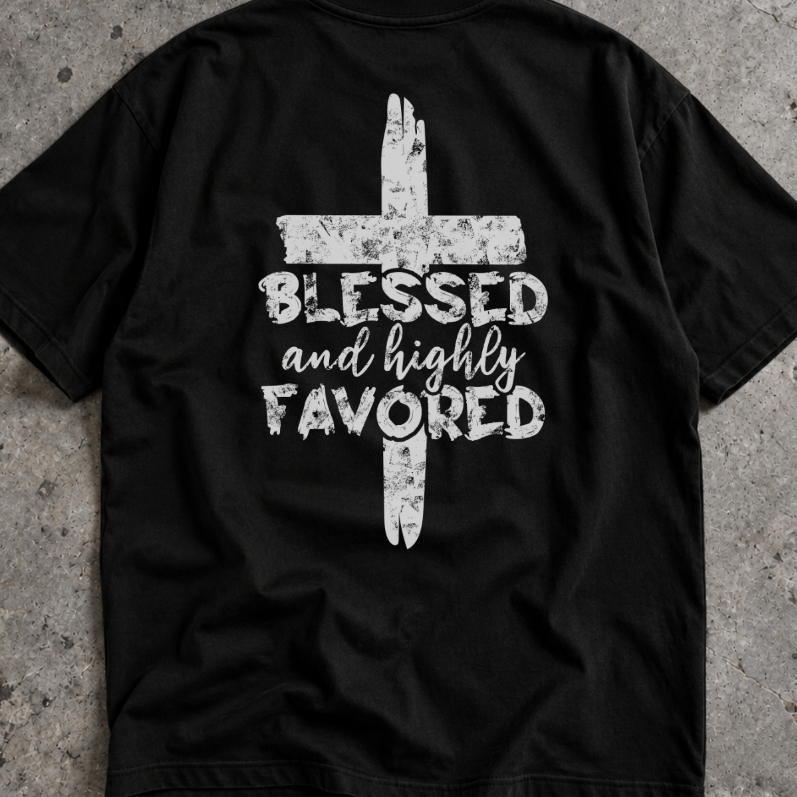 Camisa Masculina Oversized Streetwear Abençoado e Favorecido Estampa nas Costas Algodão Camiseta Gospel Religiosa