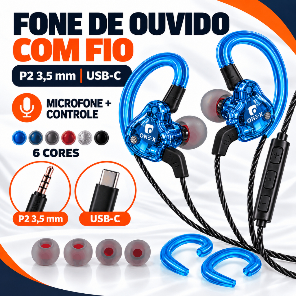 Fone De Ouvido Com Fio Gamer Intra-Auricular P2 3.5mm Ou USB-C Tipo-C Com Microfone E Gancho Auricular