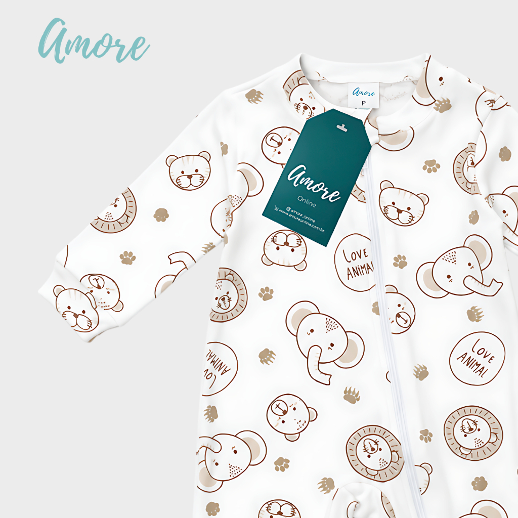 Kit 2 Macacão Bebê Amore Vira Pé Amiguinhos e Marrom Com Zíper 100% Algodão · foto 2
