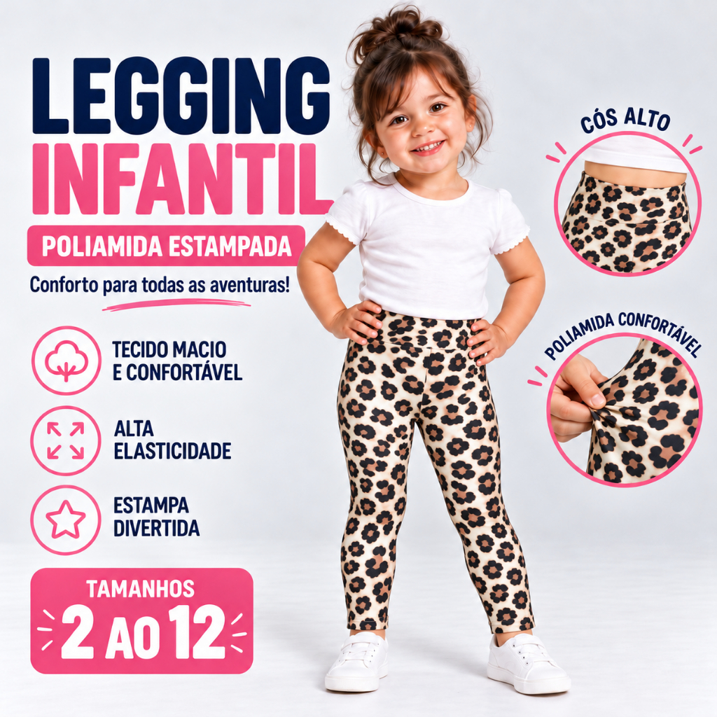 Legging Infantil Feminina Poliamida Estampada Cós Alto Confortável Elástica Tamanhos 2 ao 12