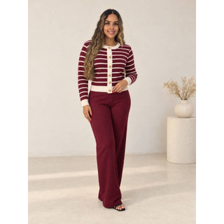 Conjunto Feminino em Modal Suéter em Listras Botões Dourado e Calça Pantalona Melinda