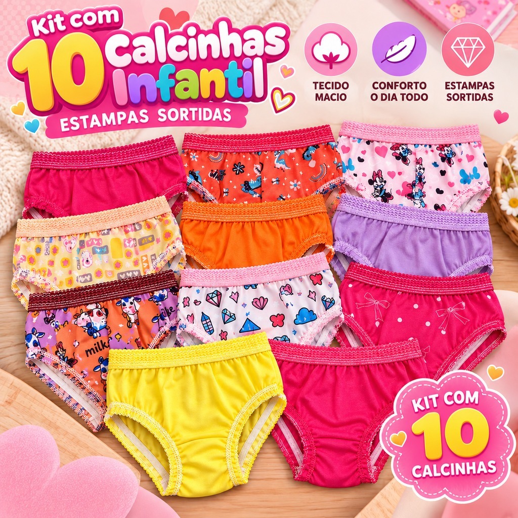 Kit com 10 Calcinhas Infantis menina – Conforto, Maciez e Estampas Sortidas