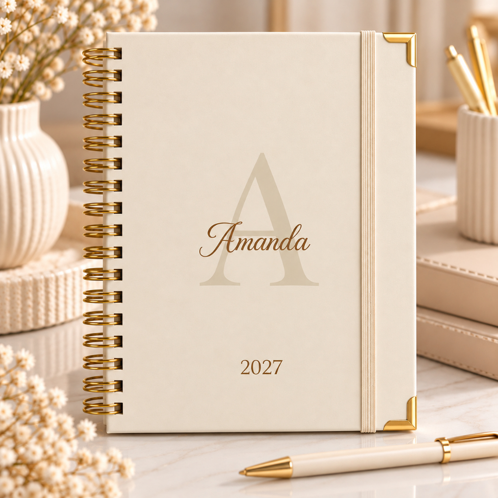Agenda Feminina 2027 Personalizada com cantoneiras douradas cores Neutras