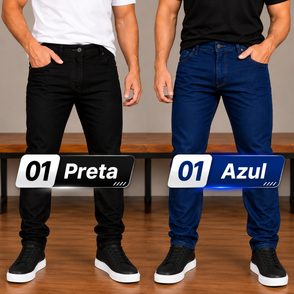 Kit 2 Calças Jeans Masculina Azul e Preta para Trabalho com Elastano Reforçada