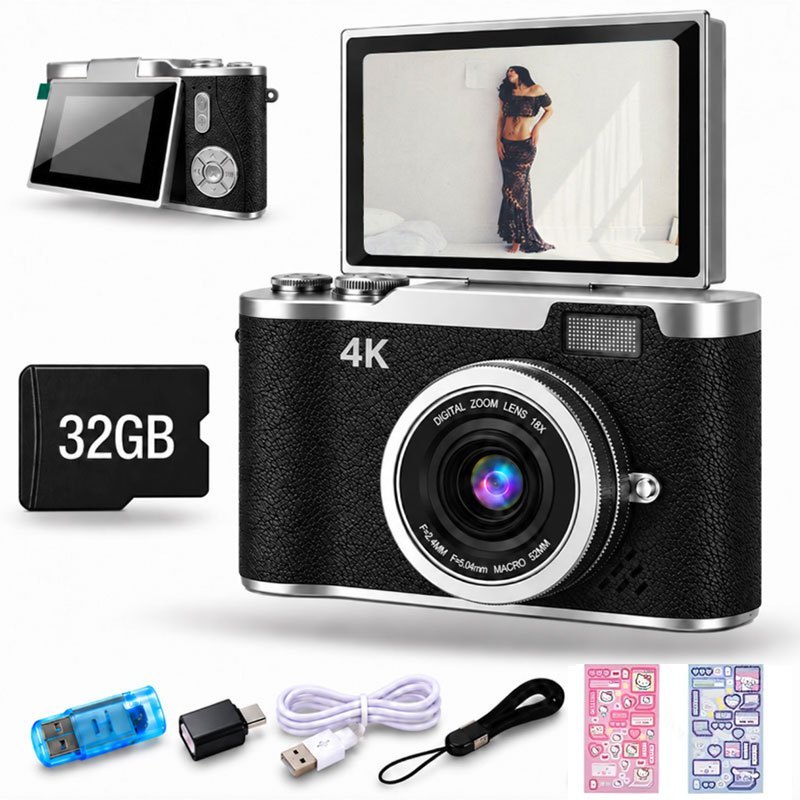 Câmera Digital CCD e 32GB Micro SD Retrô Style ZOOM 8X Tela Flip 180° Para Selfie Estilo Vintage 4K 48mp Portátil