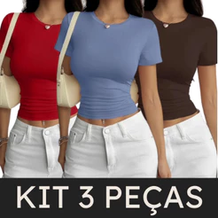 Kit 3 Blusas Feminina Baby Tee Moda Gringa Academia Dia a Dia Manga Curta Básica