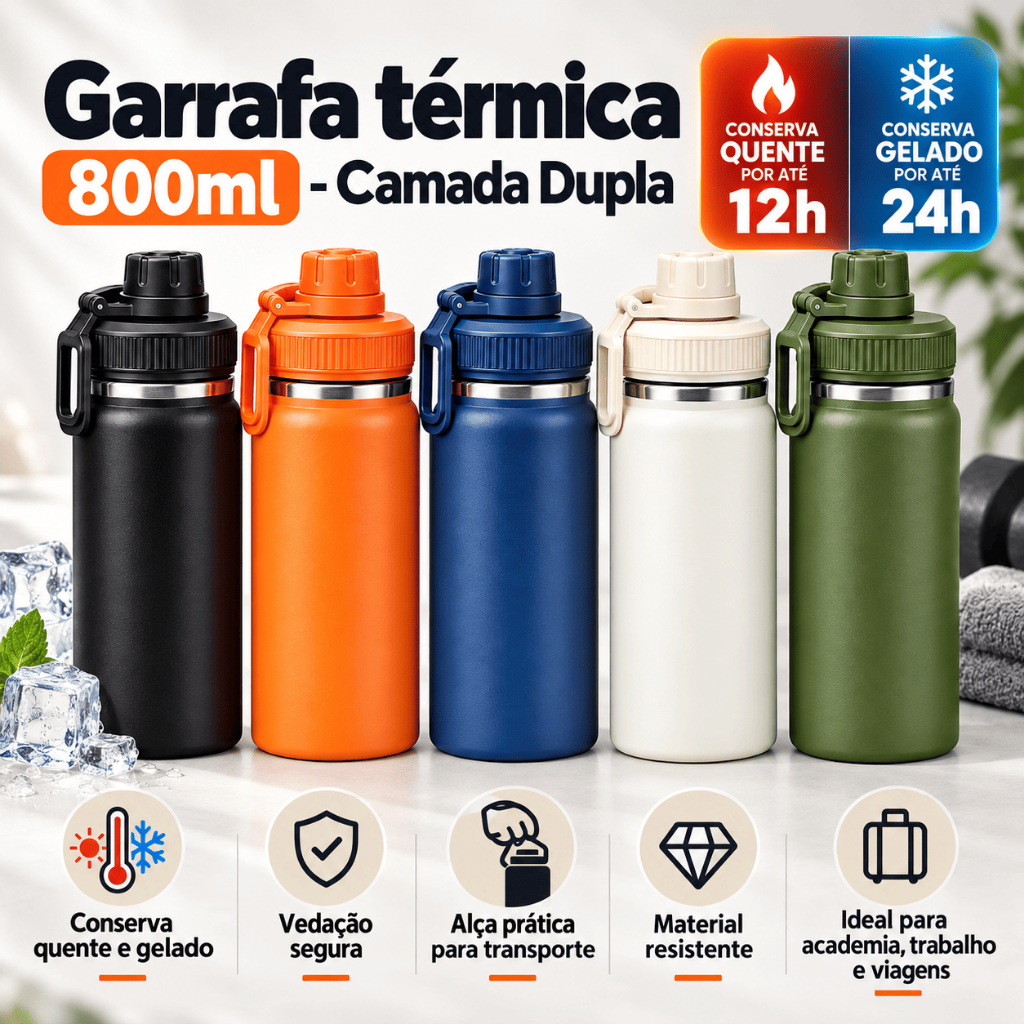 Garrafa Termica 800MLQuente Frio Isolamento Termico Inox Colorida Academia Grande Capacidade