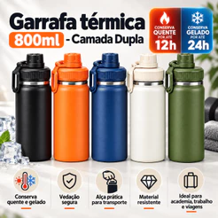 Garrafa Termica 800MLQuente Frio Isolamento Termico Inox Colorida Academia Grande Capacidade