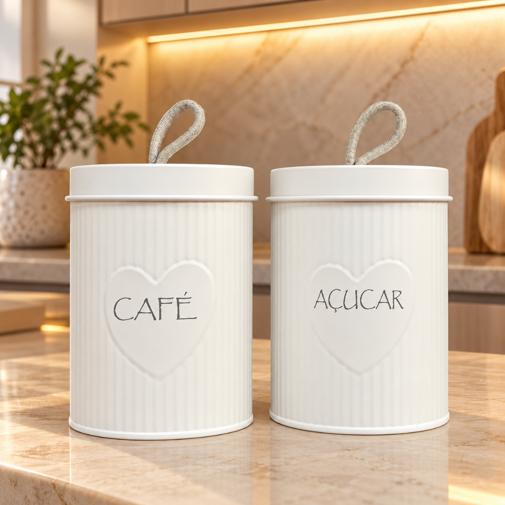 Kit Porta Mantimentos Açucar Café Pó Capsulas Lata Hermetica Tampa Minimalista Metal Premium Organização Cozinha