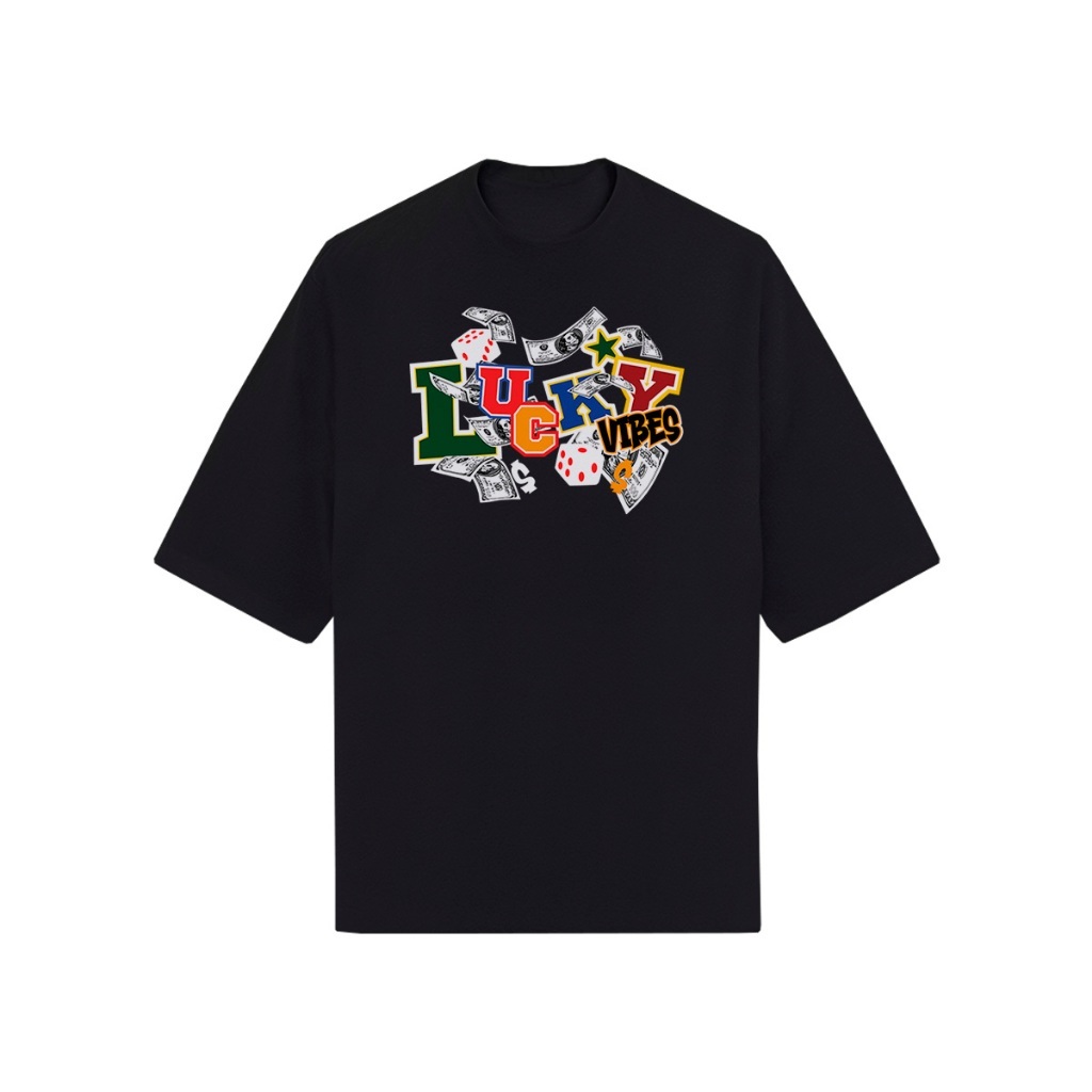 Camiseta Oversized Unissex Estampa Lucky Vibes Algodão Premium Blusa Algodão Streetwear Moda Urbana Caimento Largo