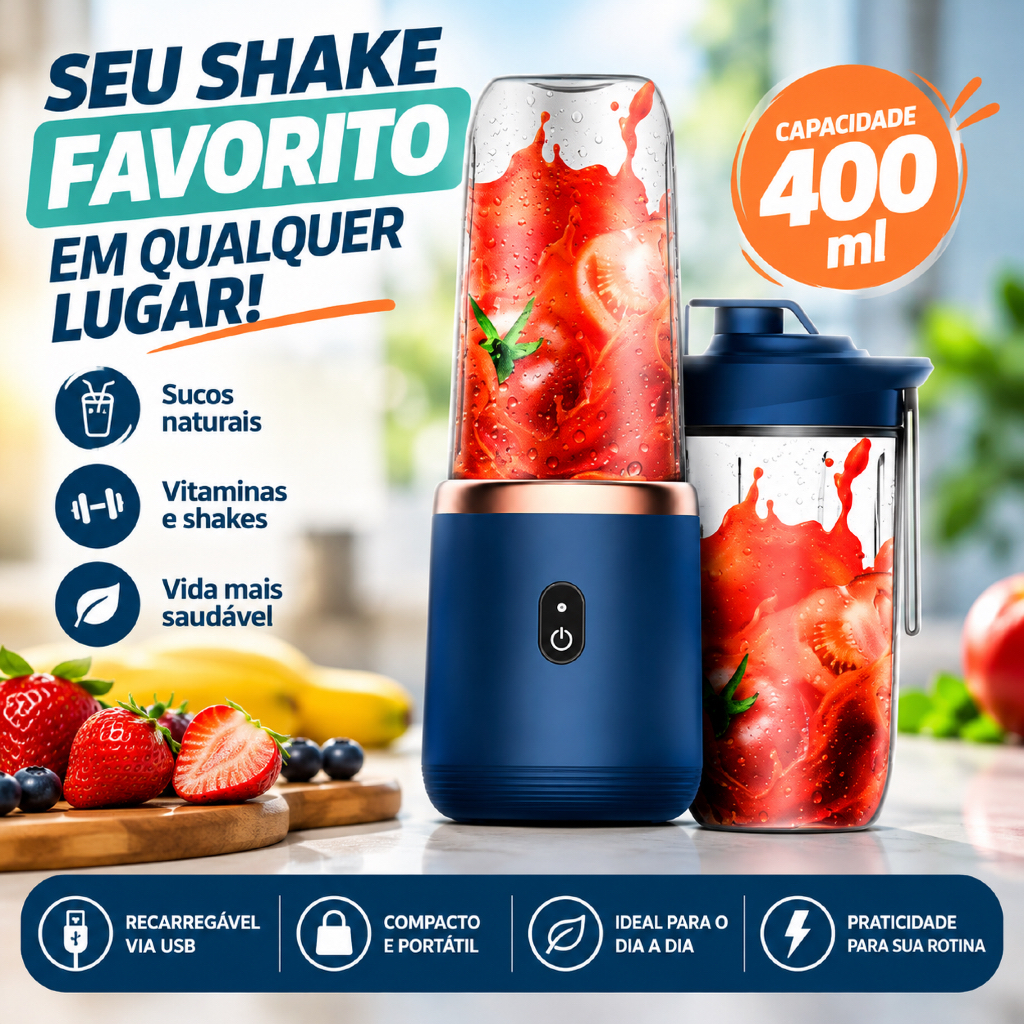 Mini Liquidificador Portátil 400ml Recarregável USB com Copo Extra para Sucos Shakes e Vitaminas Azul