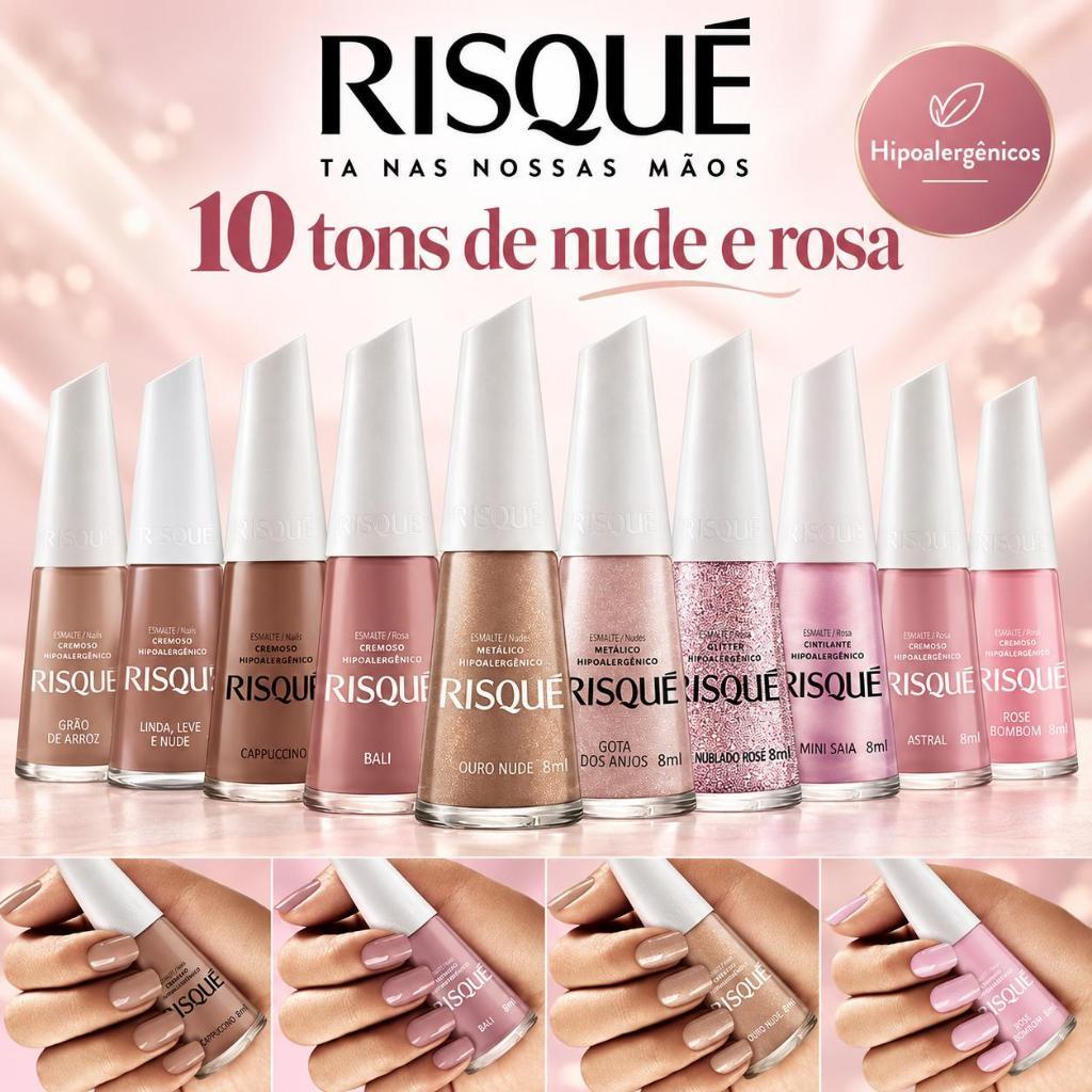 Esmalte Risque Kit com 10 cores tons Nude e Rosa - Risqué Delicada