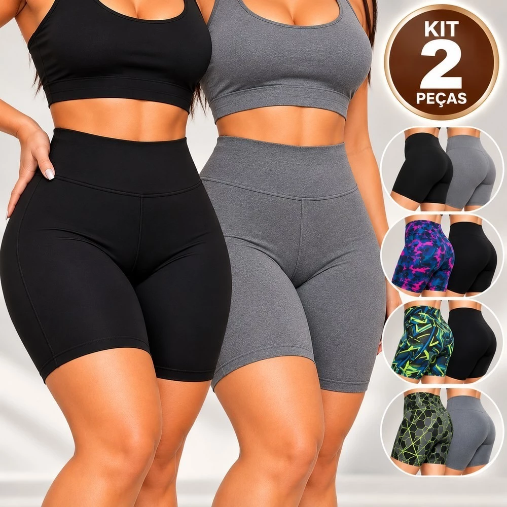 Kit 2 Bermudas Femininas Suplex Cintura Alta Meia Coxa Fitness Academia P ao G3 — imagem 1