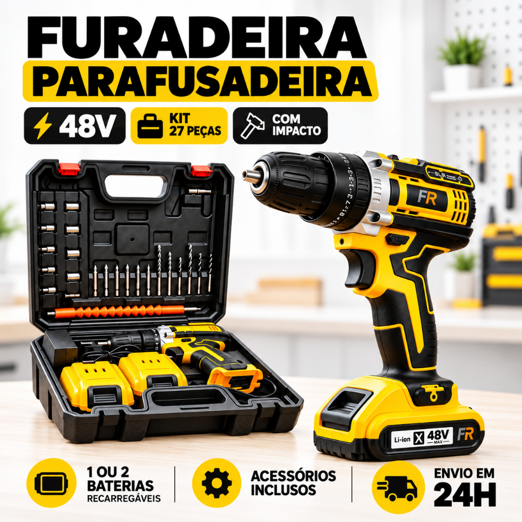 Parafusadeira e Furadeira de Impacto 48V Sem Fio, 3 Funções com Kit de Acessórios