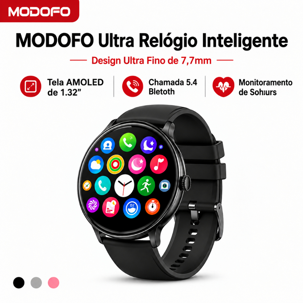 MODOFO Relógio Inteligente Smartwatch Tela AMOLED 1,32" Monitor Cardíaco Pressão Arterial 123 Modos 1ATM