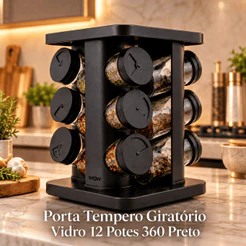 Porta Tempero Giratório Vidro 12 Potes 360 Preto