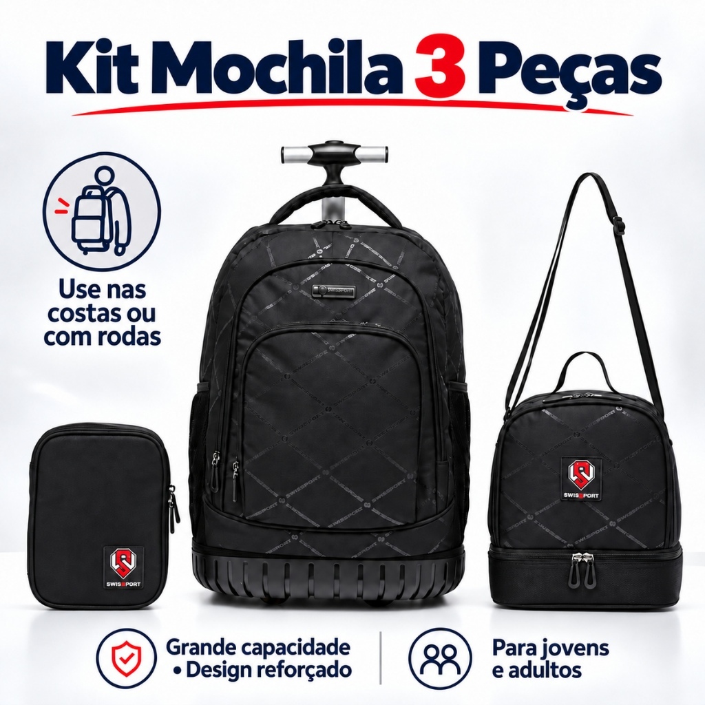 Kit Mochila Estojo Lancheira Executiva Swissport Masculina Reforçada