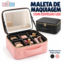 Maleta de Maquiagem com Espelho LED 3 Luzes, Divisórias Ajustáveis e Grande Capacidade Portátil KODI