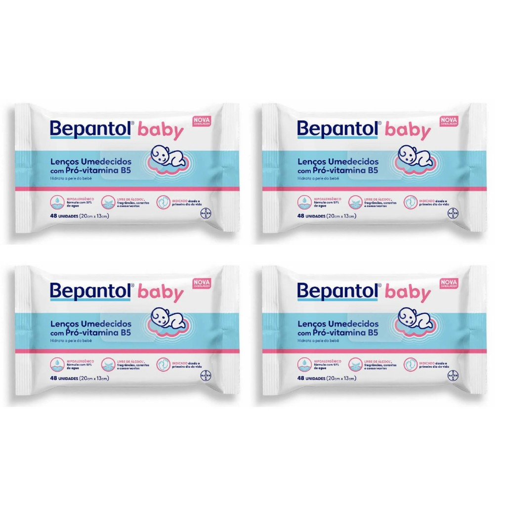 Kit 4pct Lenços Umedecidos Bepantol Hipoalergênicos 48un cada - Total 192un. EQ.1