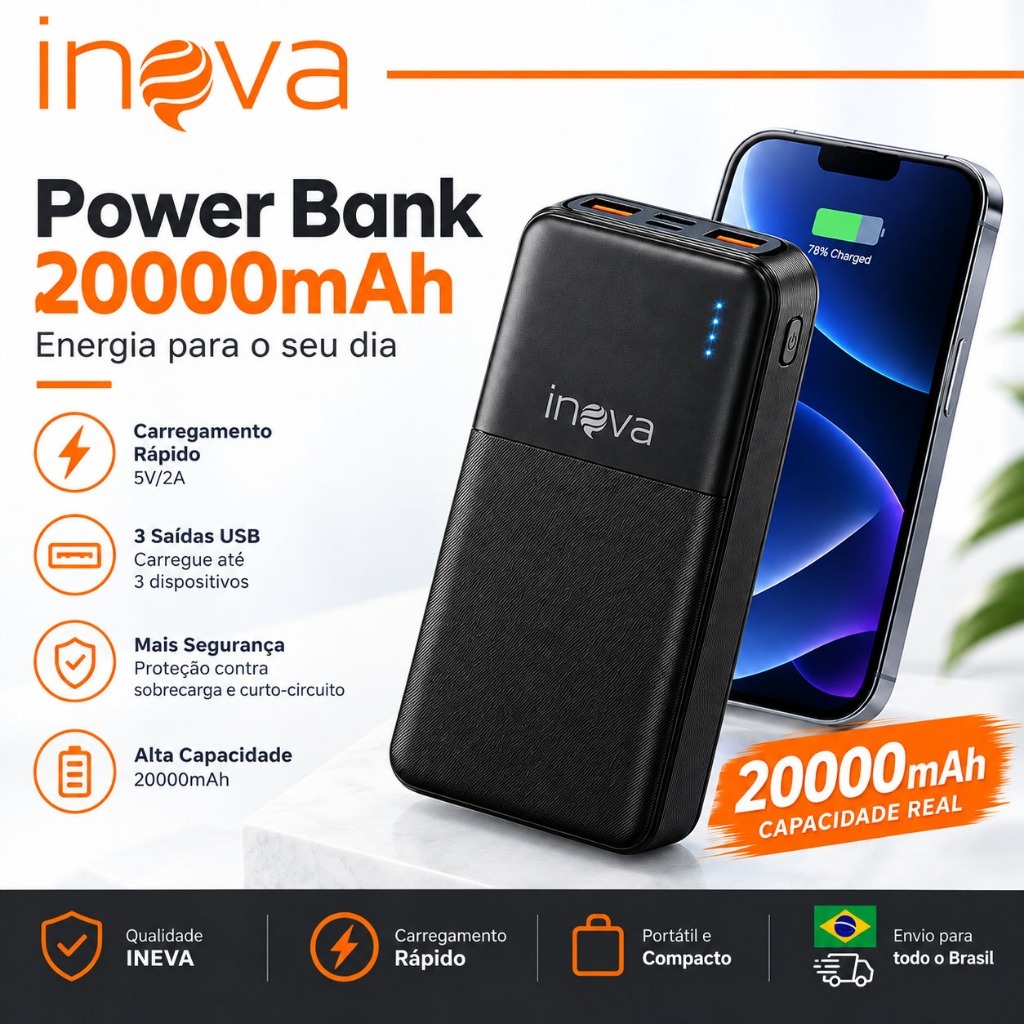 INOVA Power Bank 20000mAh 5V 2A com 2 Saídas USB para Celular Android e iPhone