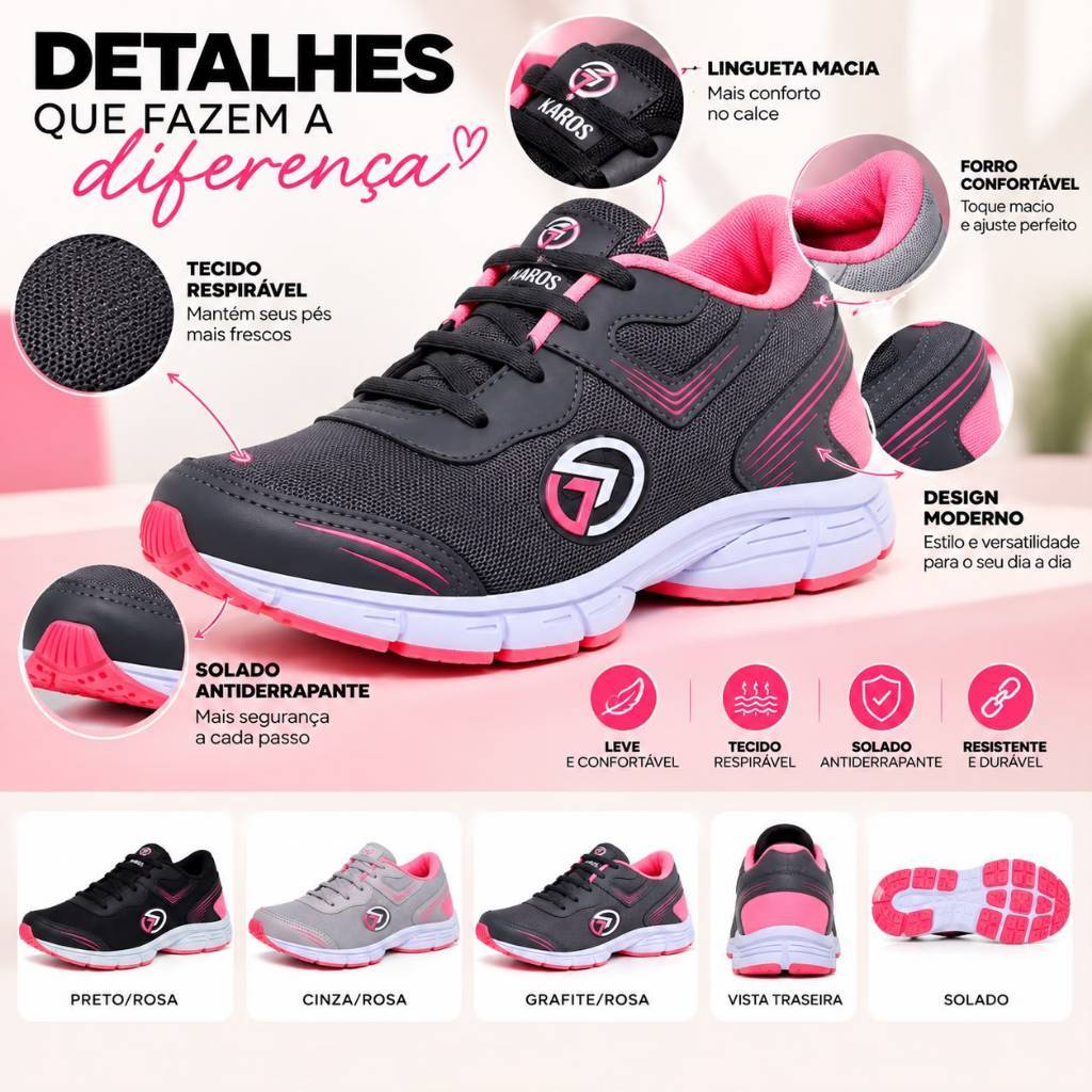 Kit 3 Pares Tênis Feminino Academia Solado Reto Confortável Leve Caminhada Promoção Dia a Dia Karos — imagem 2 de 2