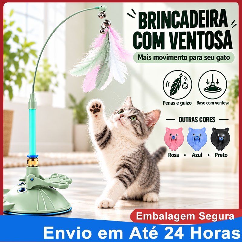 Brinquedo Para Gatos Interativo Varinha Pena Com Ventosa Que Fixa Que Fixa No Chão