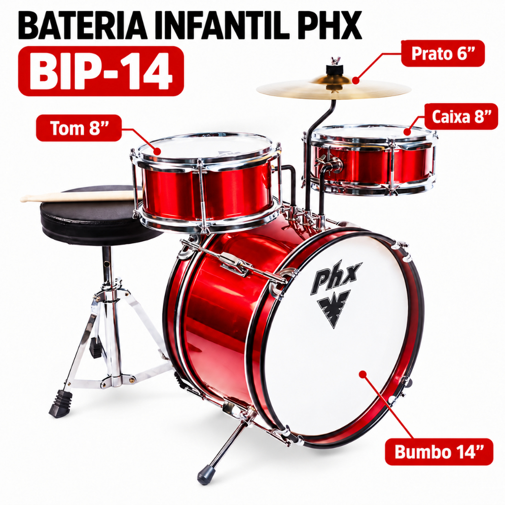 Bateria Musical Infantil PHX Com 3 Peças Madeira