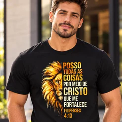 Camiseta Cristã Leão Posso Todas As Coisas Versículo Algodão