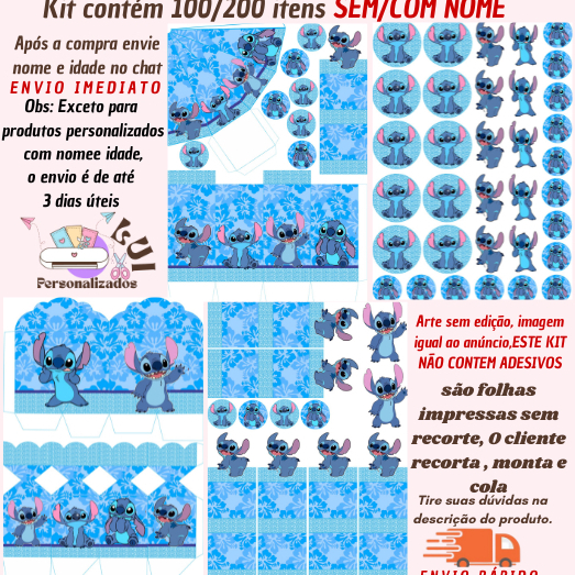 KIT COM 200/100 ITENS LEMBRANCINHAS S/COM NOME TEMA: STITCH AZUL MOD 02  (Envio Rápido)