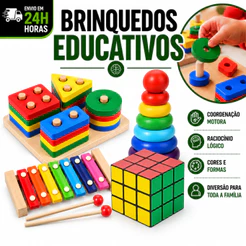 Brinquedo Pedagógico Educativo Infantil Cubo Mágico Xilofone Pirâmide Quadrado De MDF Formas Geométricas Encaixe Cores