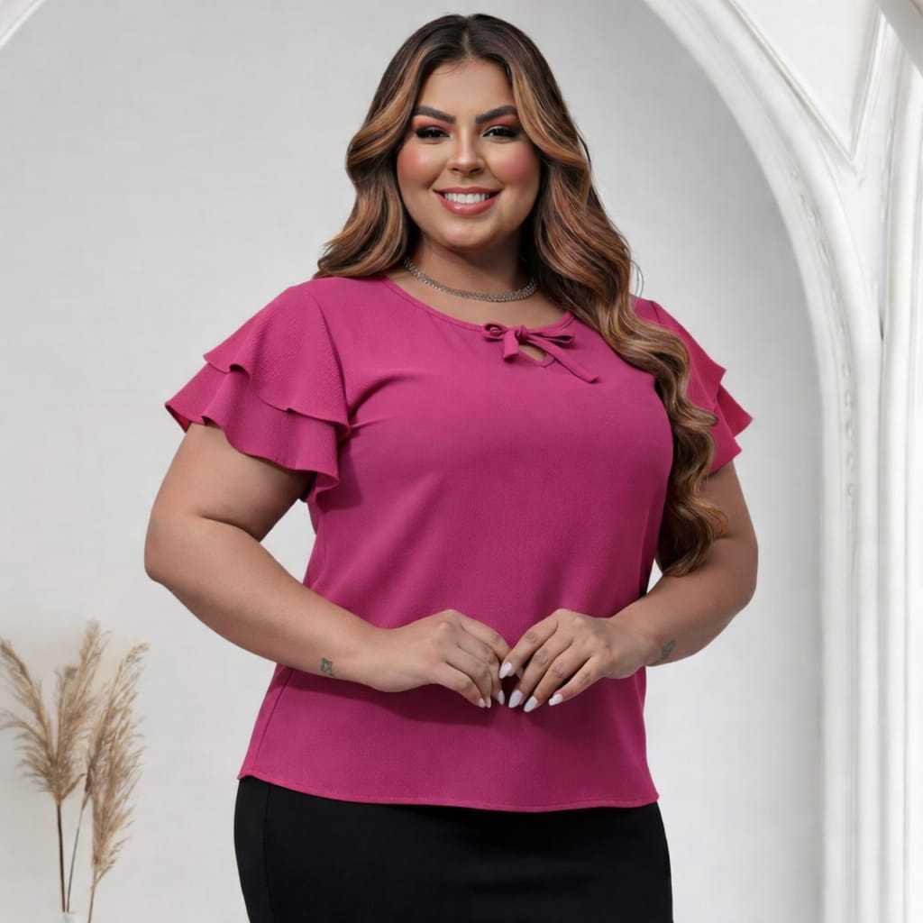 Blusa Feminina Babado Manga Curta Plus Size Social Elegante e Casual em Tecido Duna