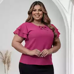 Blusa Feminina Babado Manga Curta Plus Size Social Elegante e Casual em Tecido Duna
