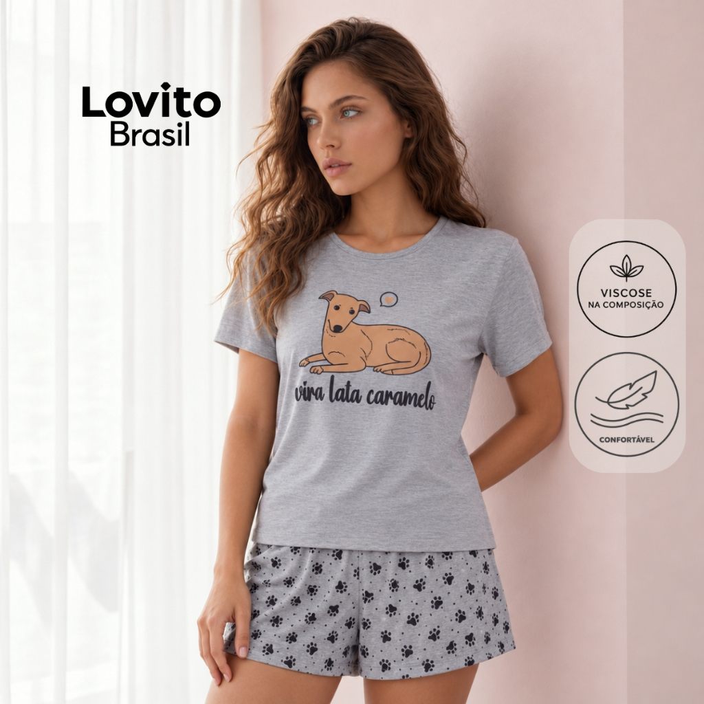 Lovito Pijama Feminino Camiseta Manga Curta e Shorts com Estampa Vira-Lata Caramelo PJB596BRL626