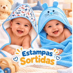 Kit 2 unidades - Toalha de Banho Bebê com Capuz e orelhinha infantil recém nascido Tecido Felpudo