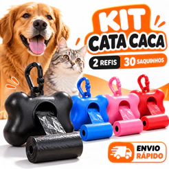 Kit Cata Caca Porta Saquinho Higiênico com 2 Refis 30 Sacos para Cachorro Gato Pet Coletor de Fezes Passeio