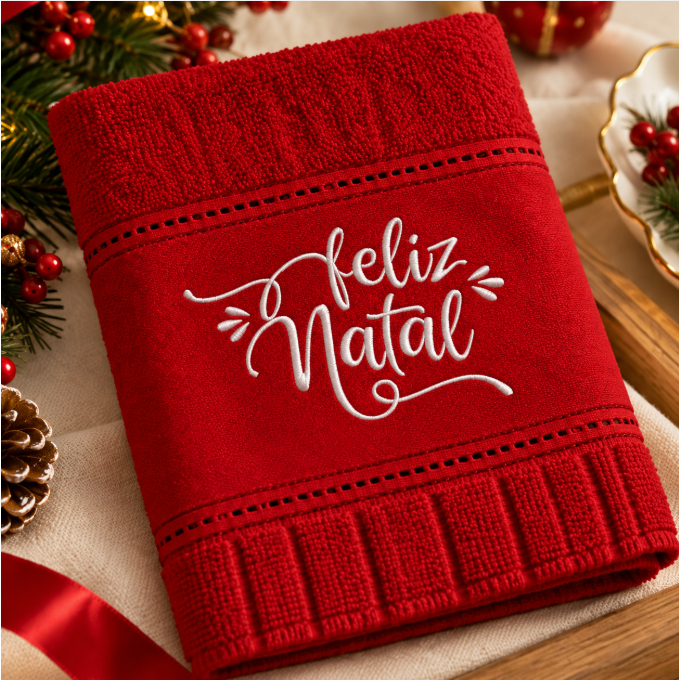 Toalha de Lavabo Natalina Bordada Feliz Natal 30x50 cm | Toalha Decorativa de Natal