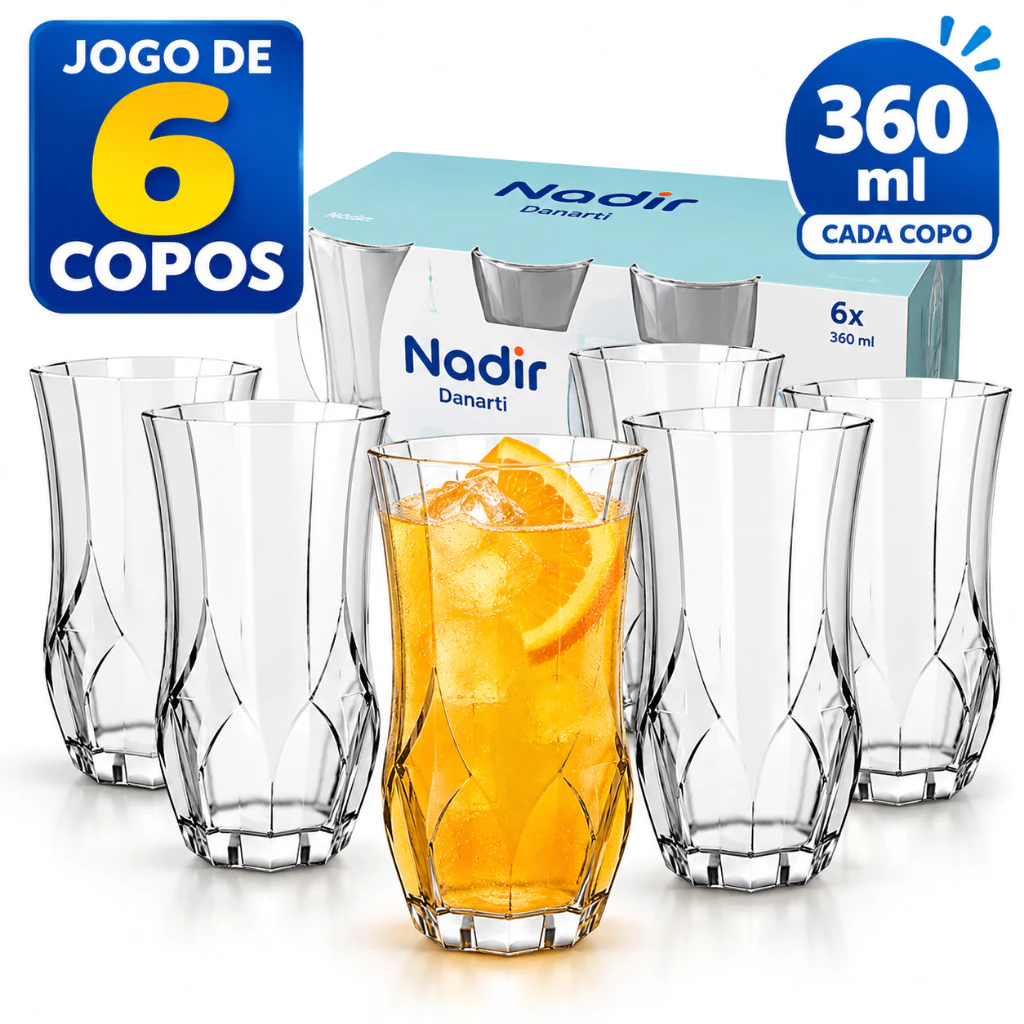 Kit Jogo de 6 Copos Longos de Vidro 360ml Nadir Opera