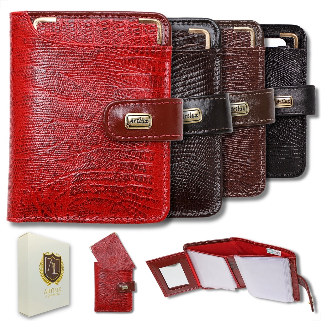 Carteira Feminina Artlux 033 Em Couro Legítimo Lezard Com Espelho Porta Moedas Porta cartão removível fivela