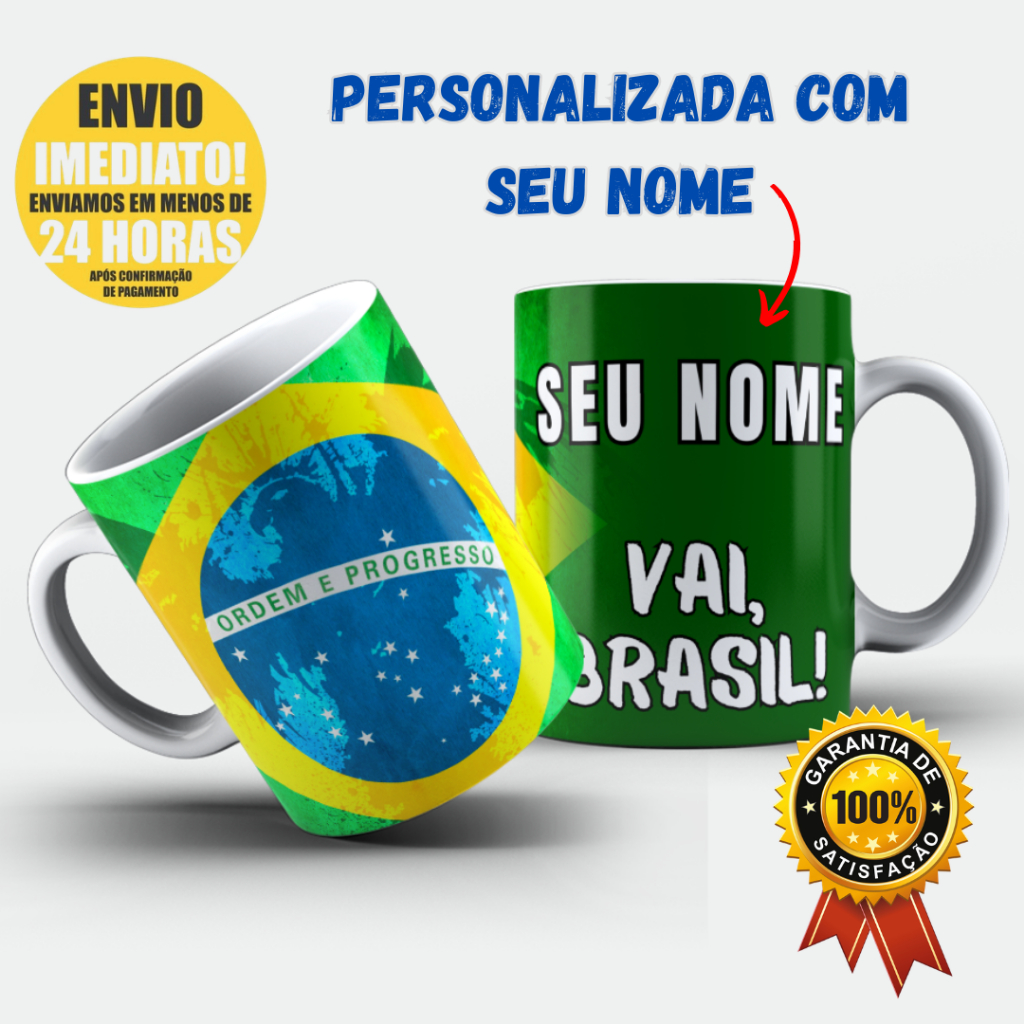 Caneca Xícara Personalizada COM NOME Brasil Seleção Brasileira Copa do Mundo Time de Futebol Envio Rápido
