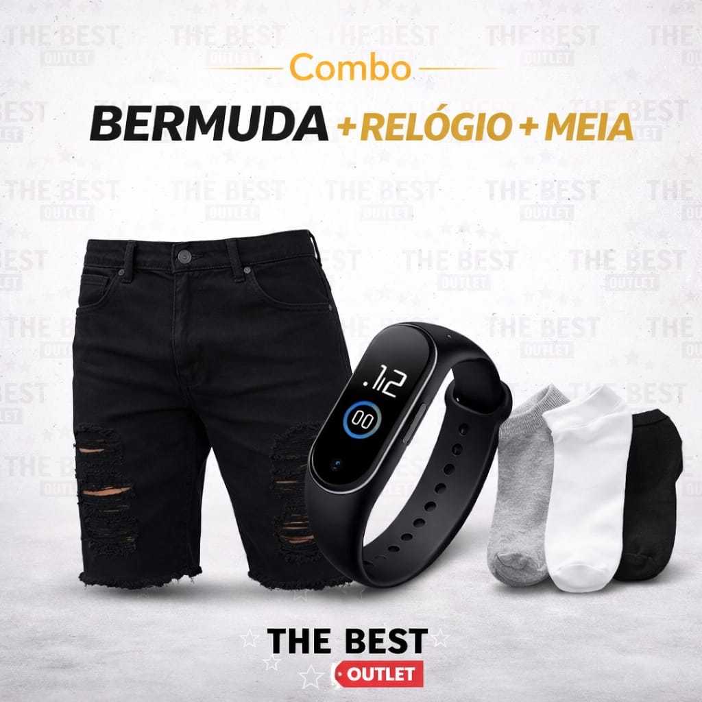 Shorts Jeans Rasgado + Relógio Digital Esportivo + Meia Alta Qualidade