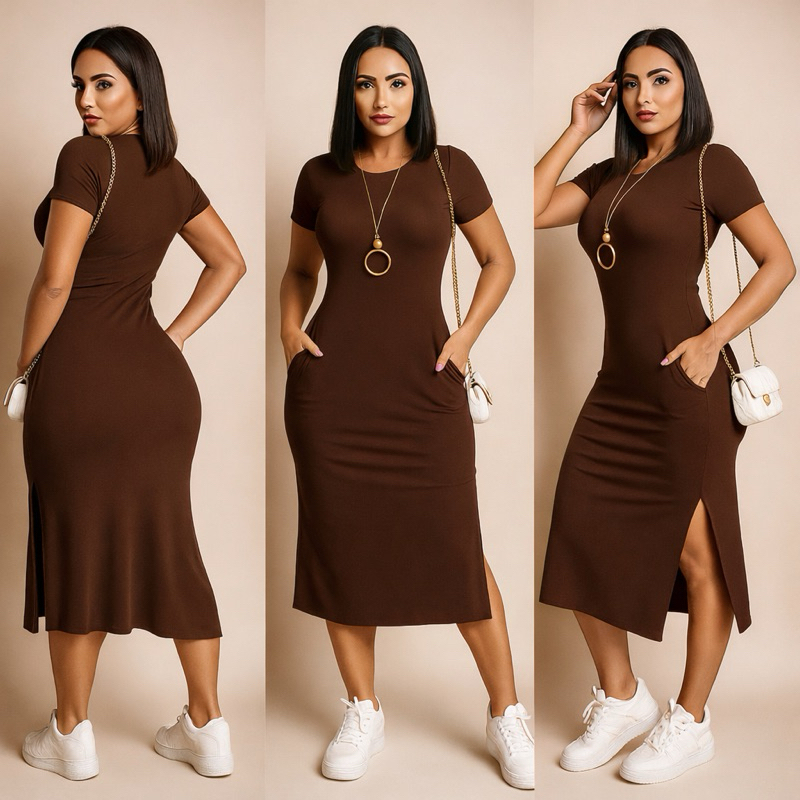 Vestido MIDI com Bolso e Fendas Laterais: Moda Evangélica. Feito de viscoLycra Premium, Conforto e Elegância em uma peça
