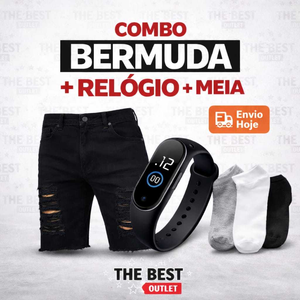 Kit Masculino Lançamento Shorts Jeans Masculino Rasgado + Relógio Digital Esportivo + Meia