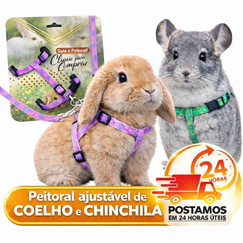 Coleira Guia com Peitoral Ajustável e Estampado Para Coelhos e Chinchilas 🐰🐭 em Oferta na Shopee
