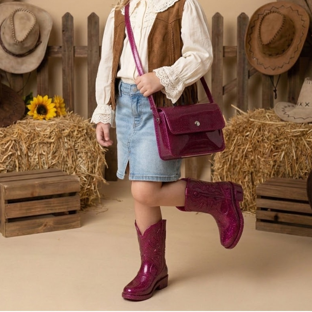 Kit Bota Infantil Feminina Texana Cano Alto Boiadeira Rodeio + Bolsa PVC Transversal Brilhante em Oferta na Shopee