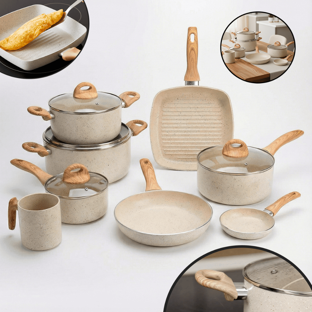 Imagem Jogo Panelas Cerâmica Antiaderente Gás e Elétrico 12 Peças Bege Preto Alta Durabilidade 2,5mm