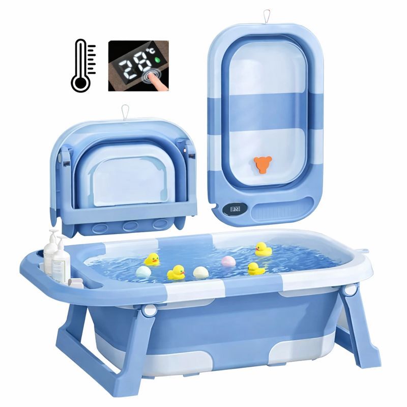 Banheira Bebê Dobrável AZUL Portátil com Termômetro Segurança Banho Infantil Compacta