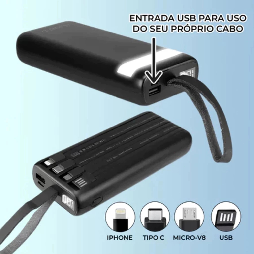 Power Bank Universal de 20.000mAh Carregador Portátil para Android e iOS, Inclui Lanterna Integrada em Oferta na Shopee