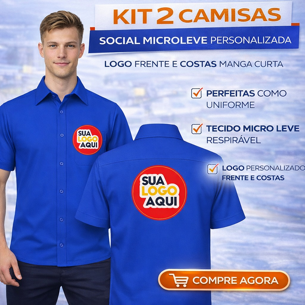 Kit 2 Camisas Sociais Microleve Personalizada Logo Frente e Costas DTF Manga Curta Uniforme Fardamento Empresa