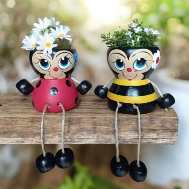 Vaso cachepot Articulado kit 2 pçs abelha e joaninha (cerâmica) Não acompanha flores!